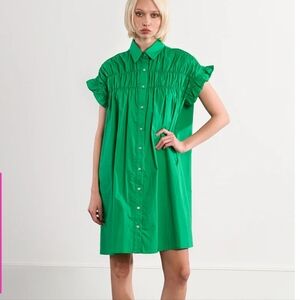 Lili Sidonio Ruffle Gathered Short Sleeve Green Shirt Dress Nwt Size Medium